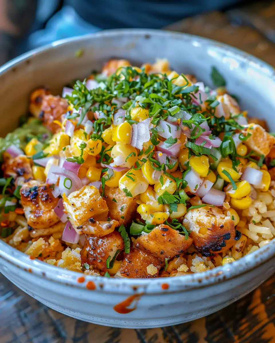 Ingredients arranged for street corn chicken bowl including rice, chicken, peppers, and seasonings