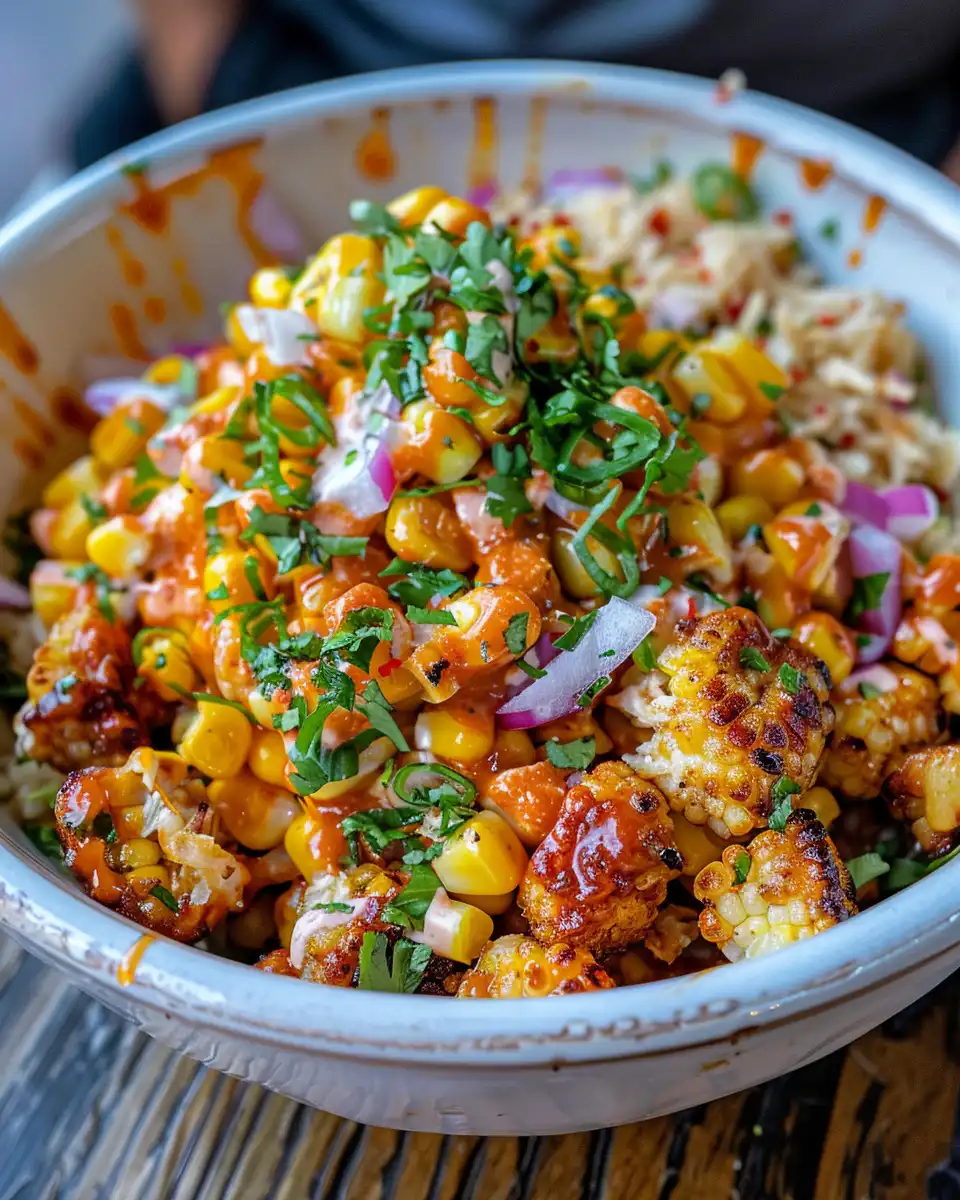 Finished street corn chicken bowl served in a bowl with avocado and cheese garnish