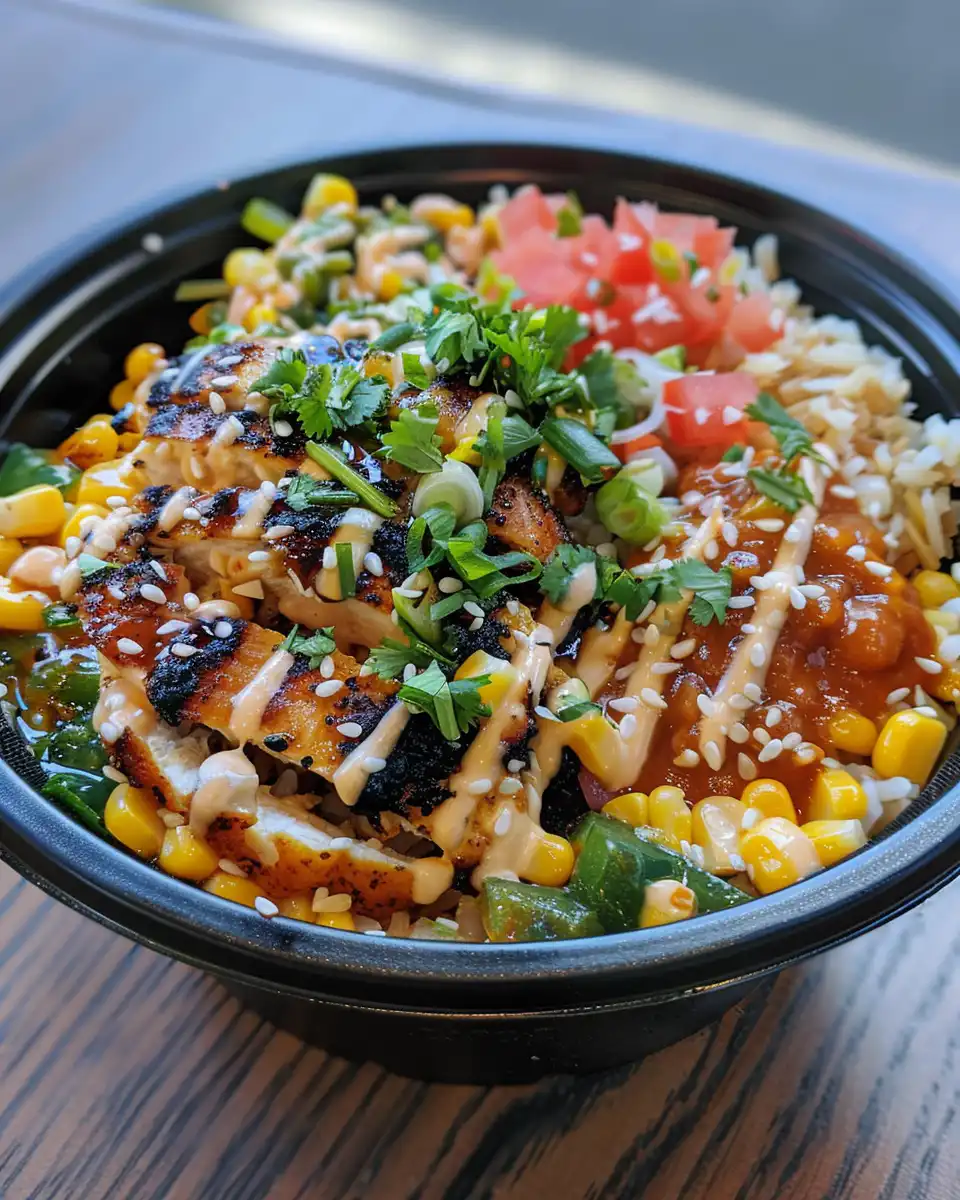 Street corn chicken bowl with golden chicken and creamy sauce