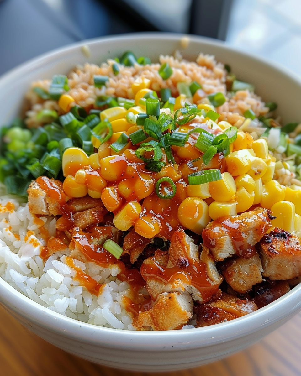 Steam rising from pressure cooker chicken with grilled corn and rice bowl