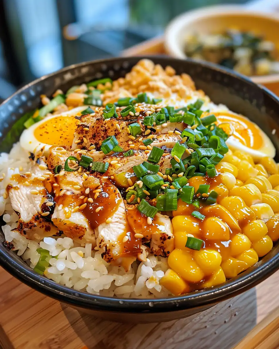 Final street corn chicken rice bowl ready to serve with lime wedges