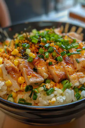 Street Corn Chicken Rice Bowl taken with iphone 15 pro max --iw 2 --ar 4:5 --v 6.0 --raw