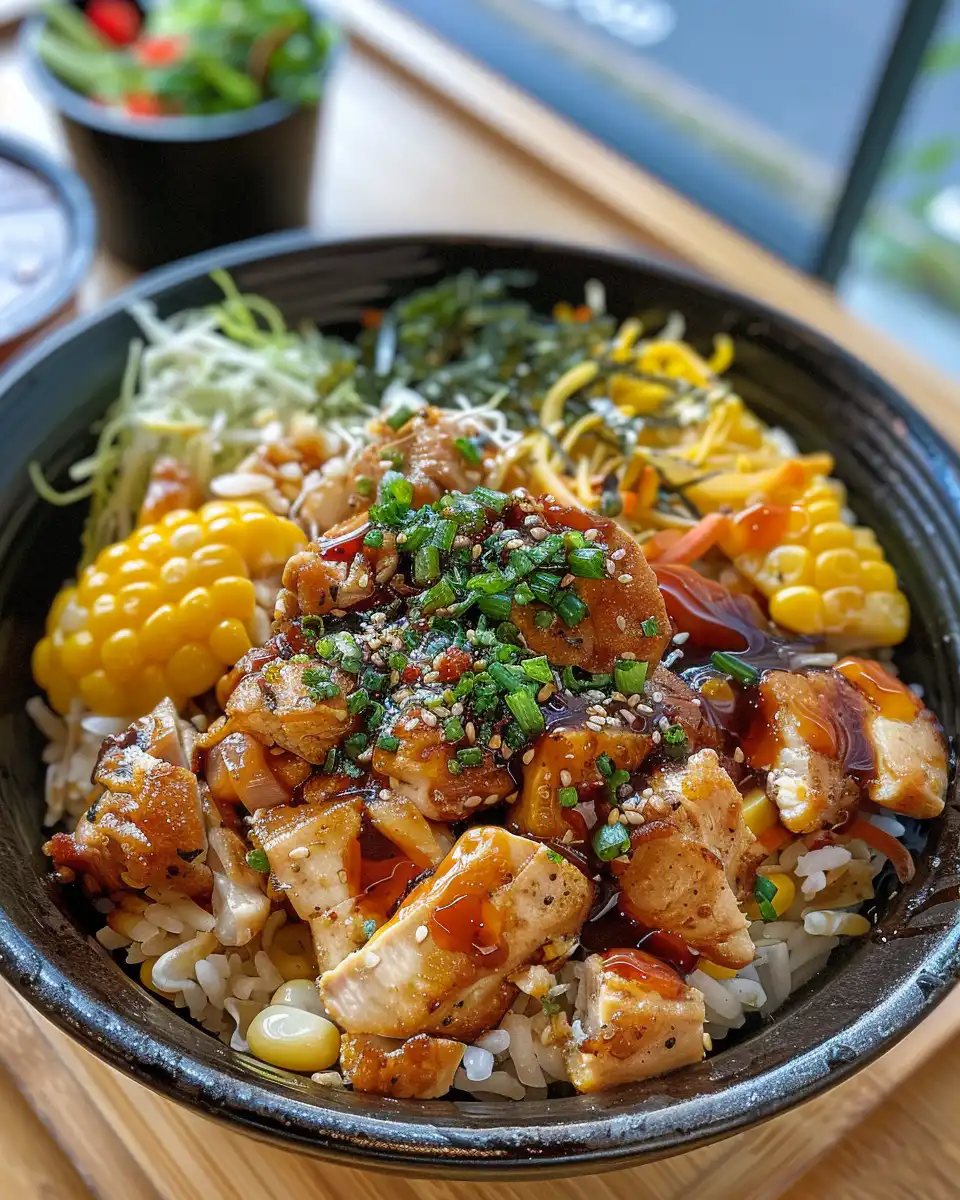 Served street corn chicken rice bowl with sour cream and cilantro garnish