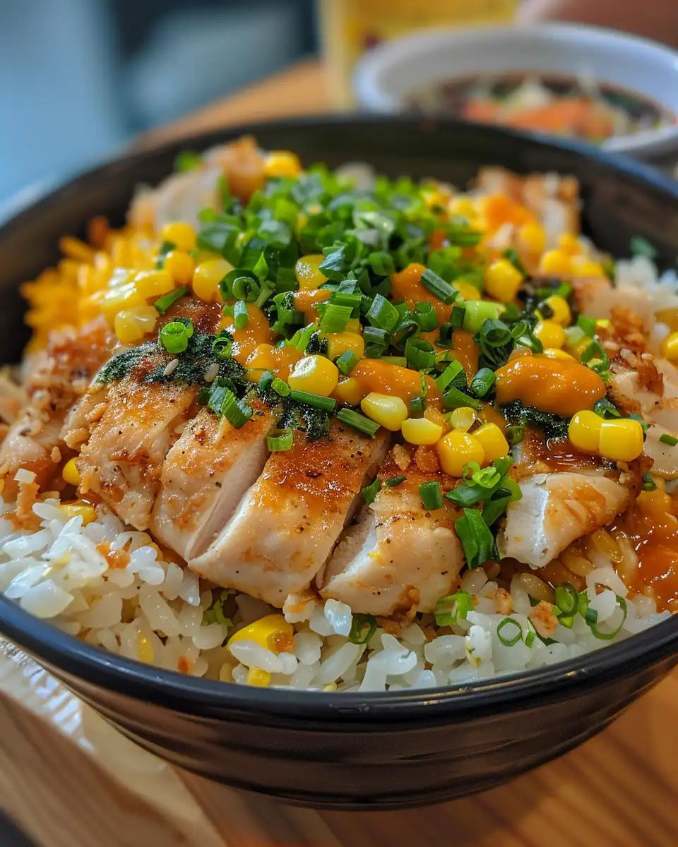 Finished street corn chicken rice bowl served in a bowl with fresh toppings