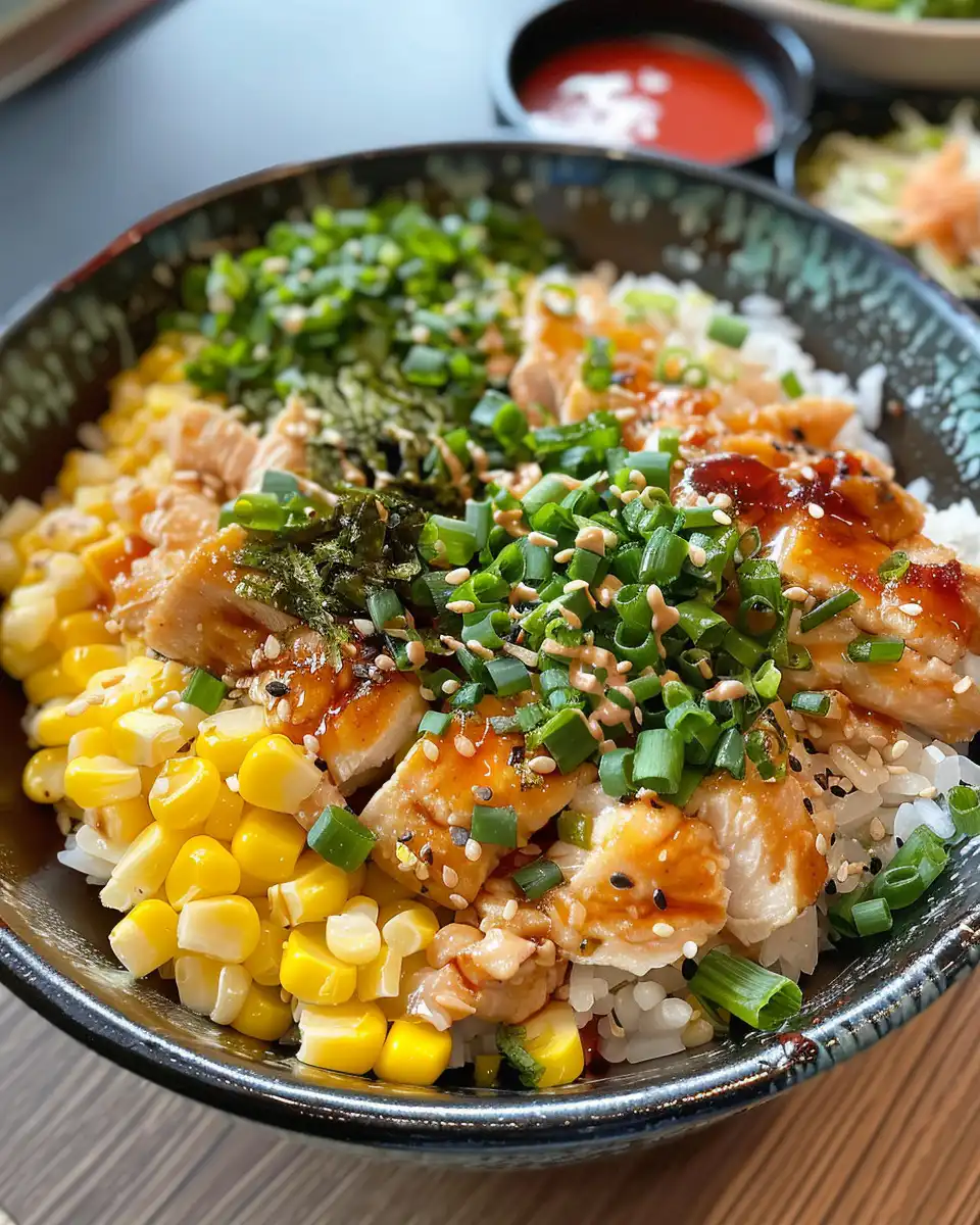 Street corn chicken rice bowl fresh and steamy in a bowl