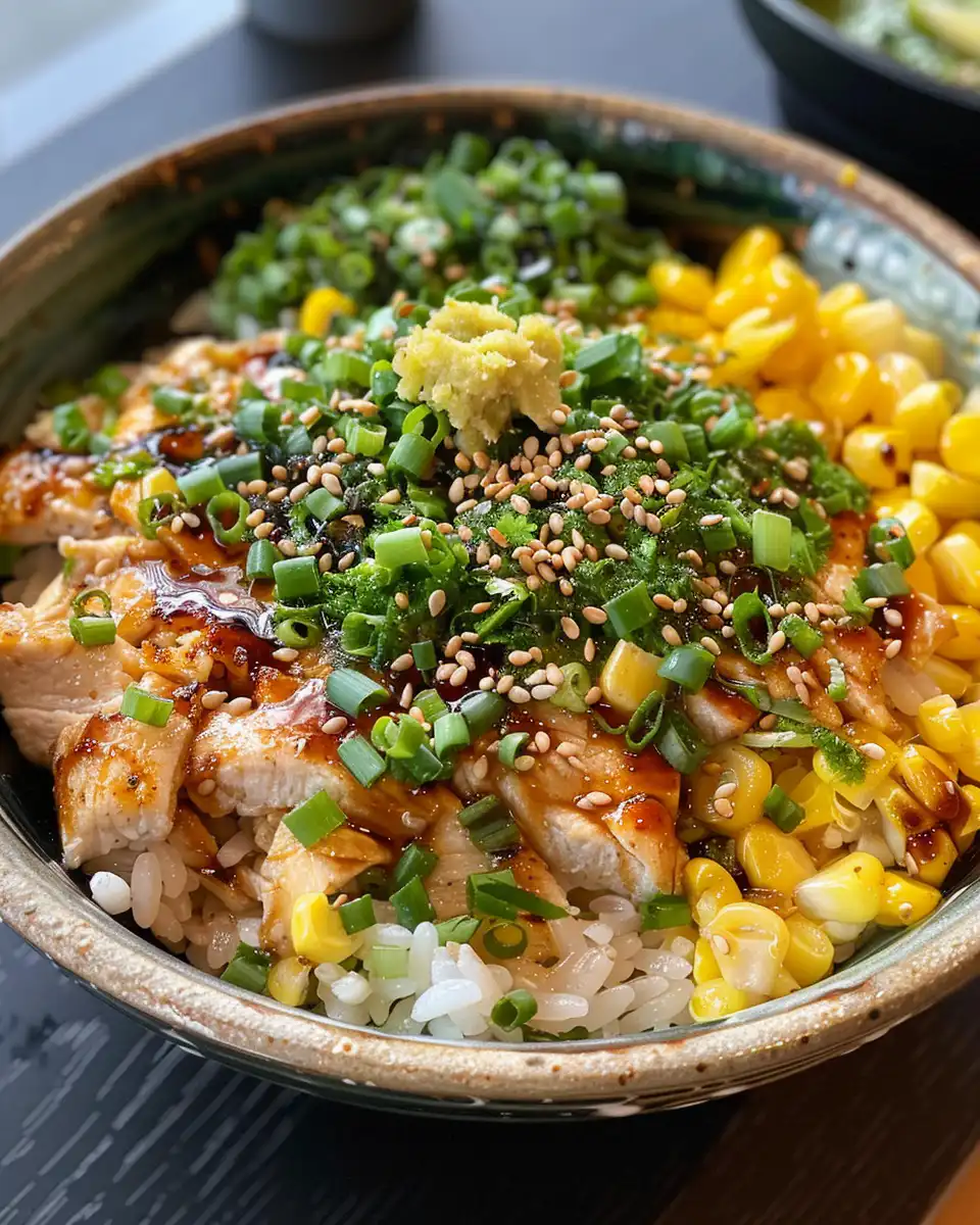 Plated street corn chicken rice bowl garnished and ready to eat