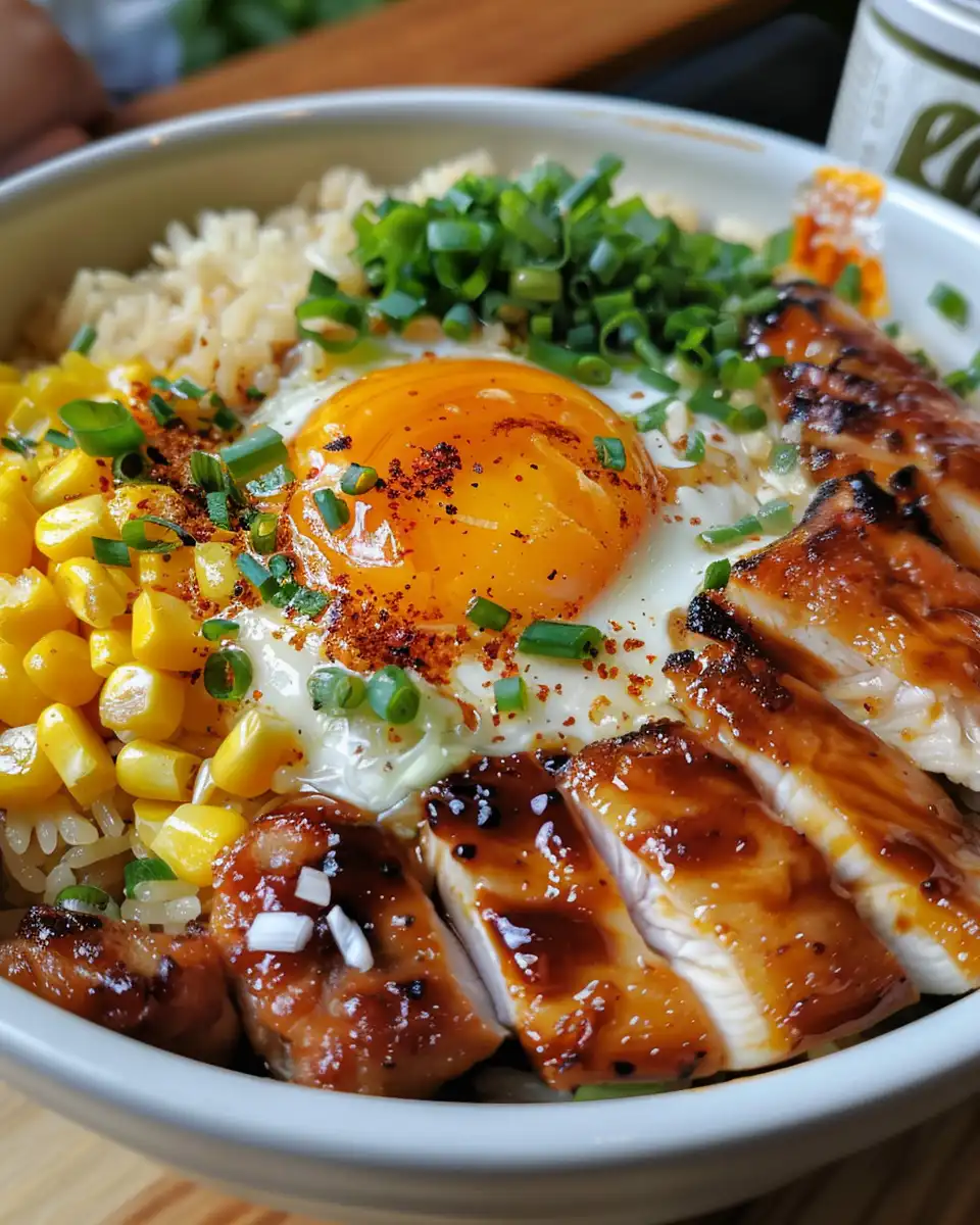 Street Corn Chicken Rice Bowl served ready to eat with garnishes