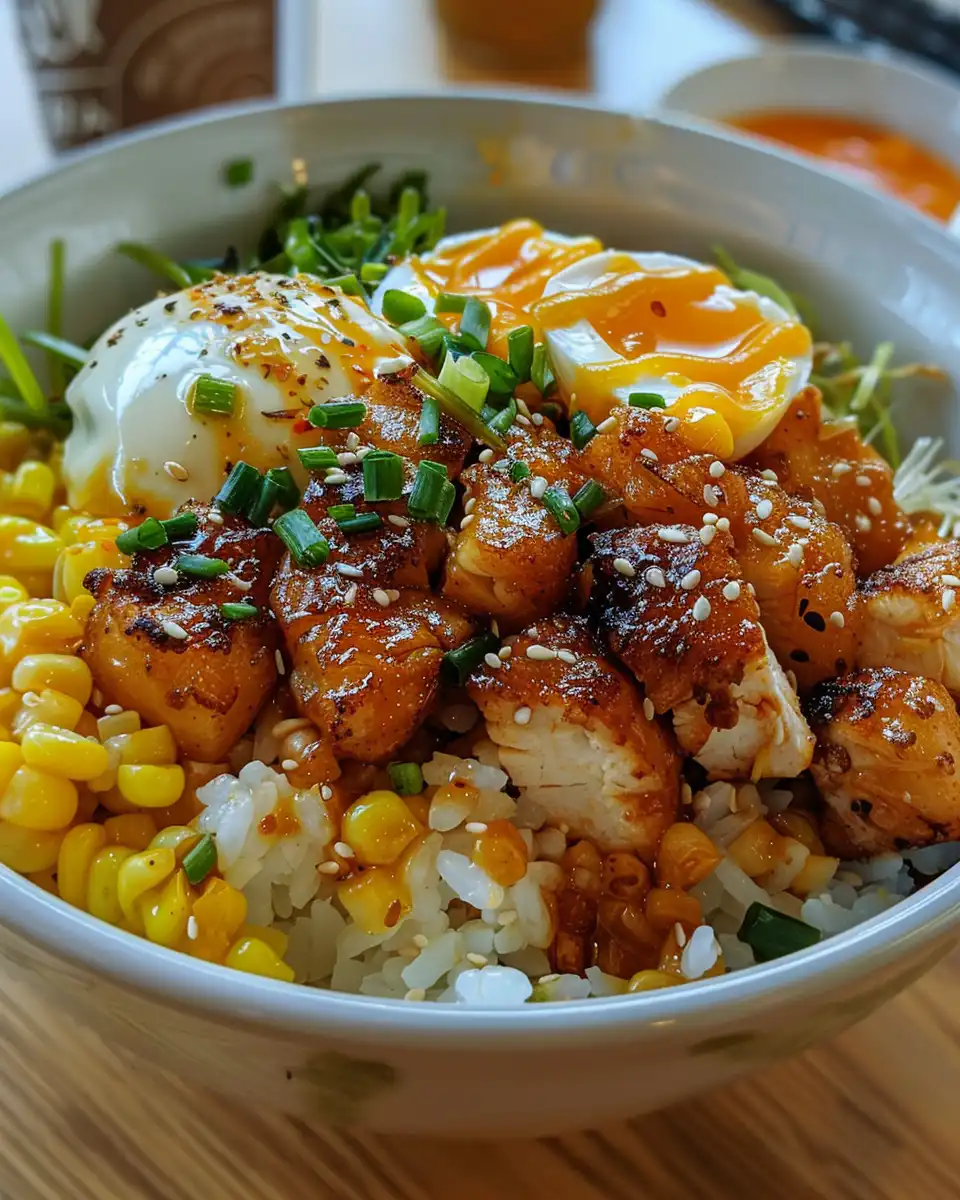 Freshly prepared street corn chicken rice bowl in vibrant bowl