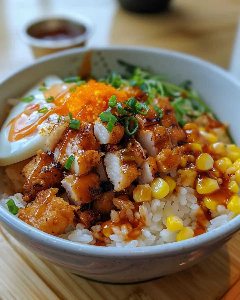 Fully assembled street corn chicken rice bowl ready to eat