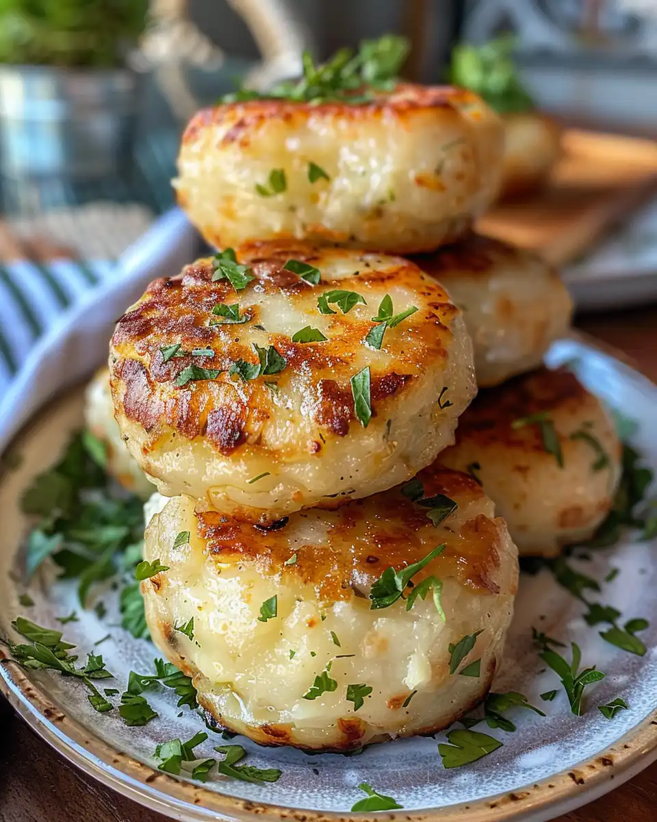 Golden crispy vegan potato cakes served warm on plate