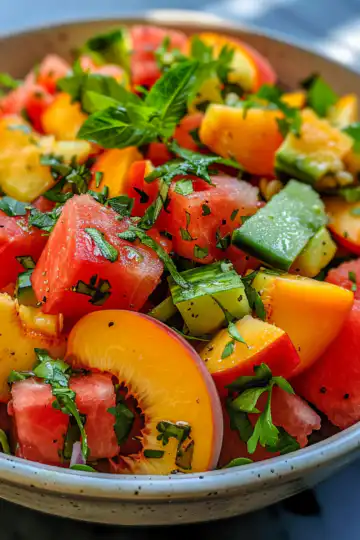 Summer Peach Watermelon Salad taken with iphone 15 pro max --iw 2 --ar 4:5 --v 6.0 --raw