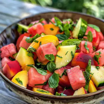 Summer Peach Watermelon Salad taken with iphone 15 pro max --iw 2 --ar 4:5 --v 6.0 --raw