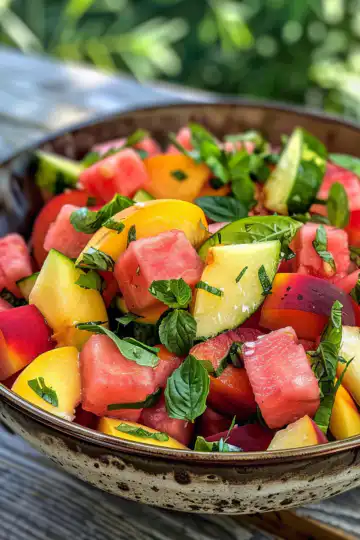 Summer Peach Watermelon Salad taken with iphone 15 pro max --iw 2 --ar 4:5 --v 6.0 --raw