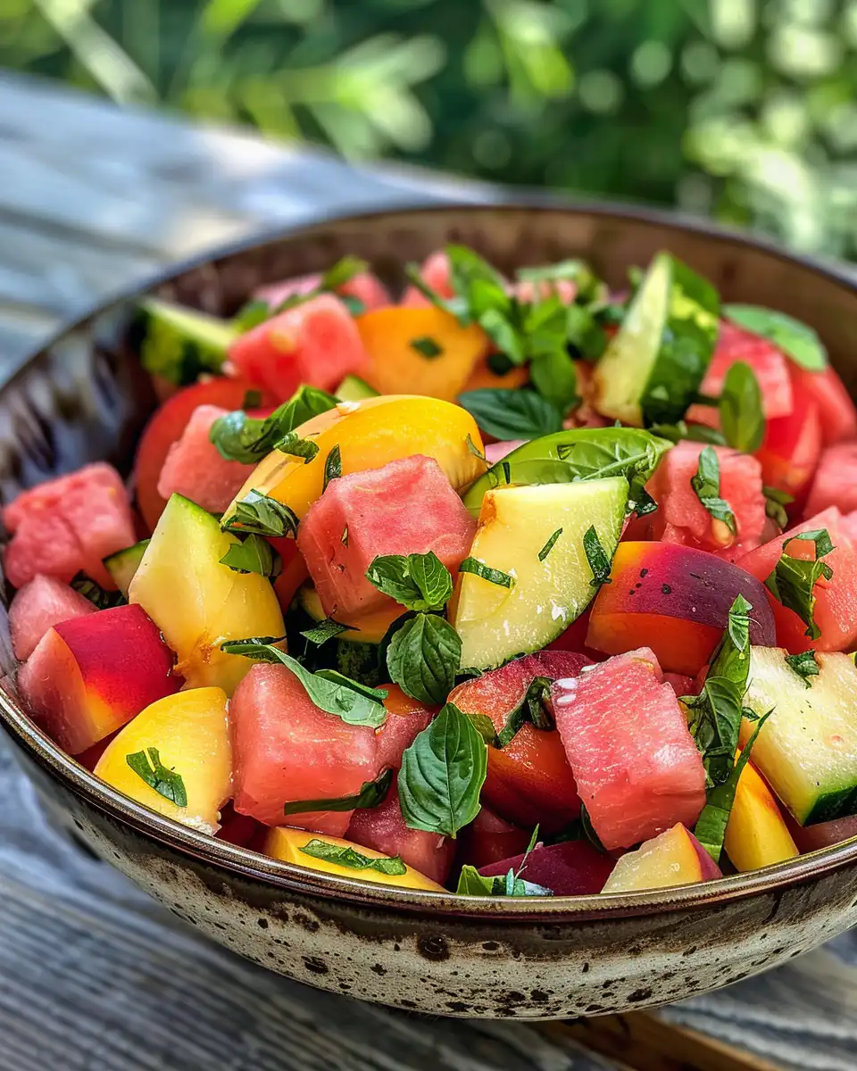 Fresh Watermelon Peach Salad ready to enjoy