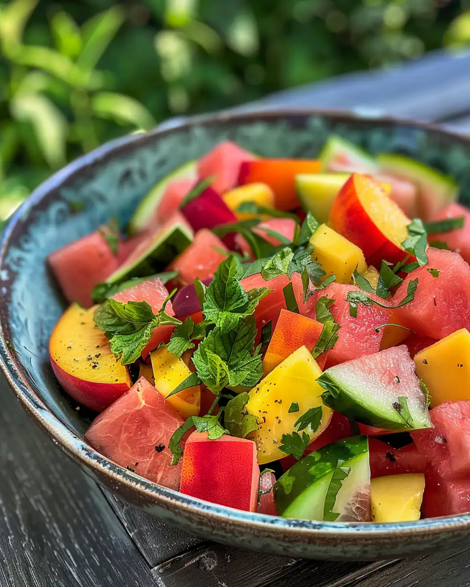 Ingredients for Watermelon Peach Salad including fresh fruits, feta, pistachios, and herbs