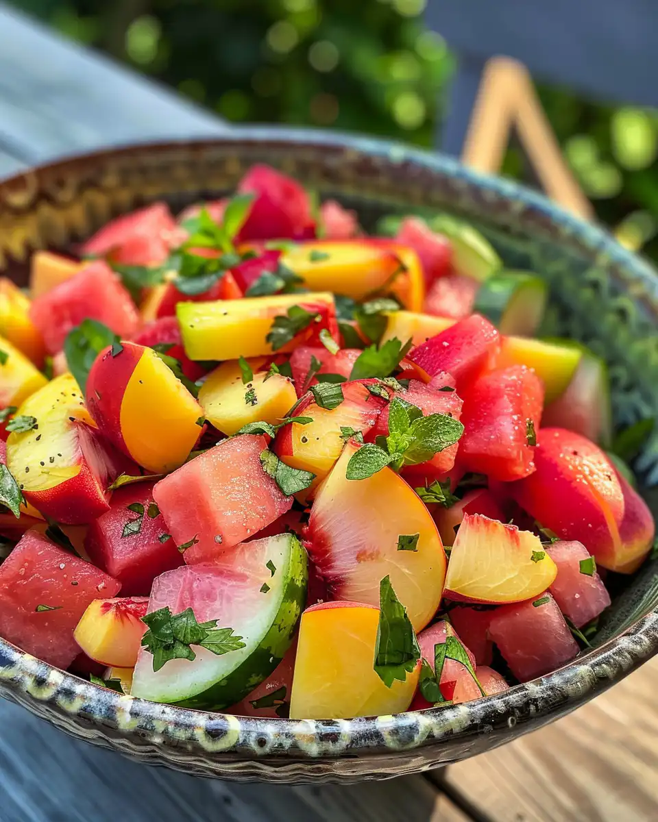 Served Watermelon Peach Salad with feta and pistachios