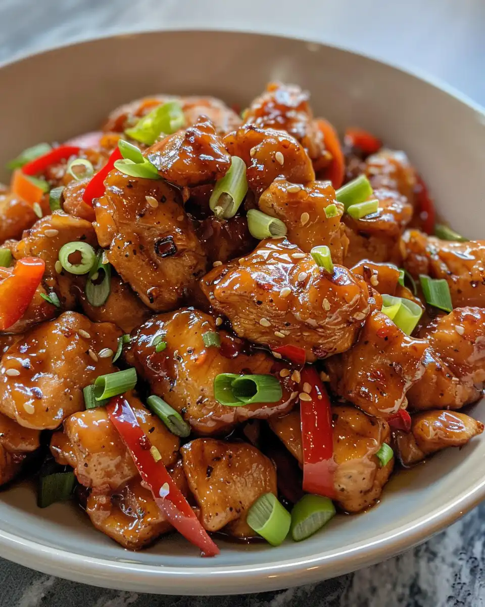 Plated sweet and spicy honey pepper chicken ready to serve