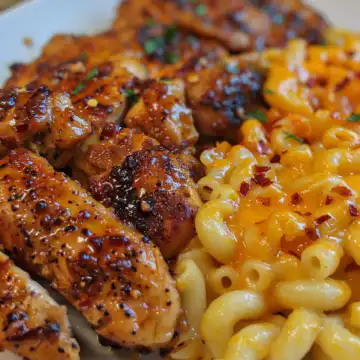 Sweet and Spicy Honey Pepper Chicken with Creamy Mac and Cheese taken with iphone 15 pro max --iw 2 --ar 4:5 --v 6.0 --raw