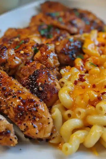 Sweet and Spicy Honey Pepper Chicken with Creamy Mac and Cheese taken with iphone 15 pro max --iw 2 --ar 4:5 --v 6.0 --raw
