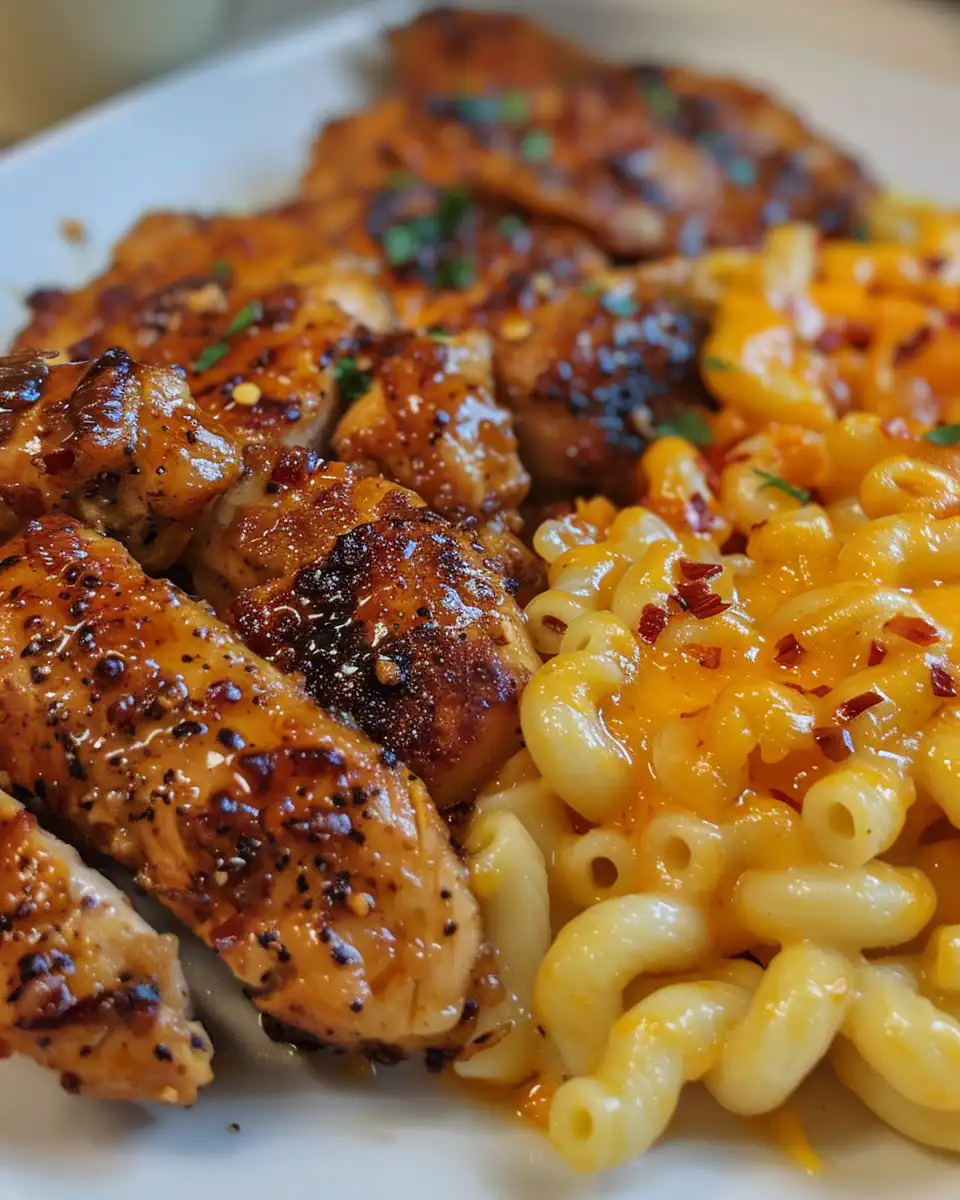Close-up of creamy cheesy mac and cheese with honey pepper chicken and bacon