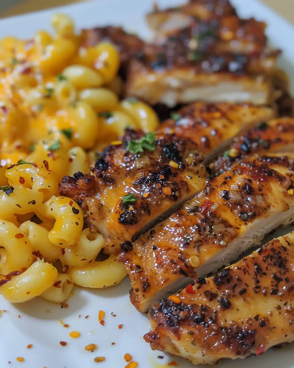 Serving of finished honey pepper chicken with creamy mac and cheese on a plate