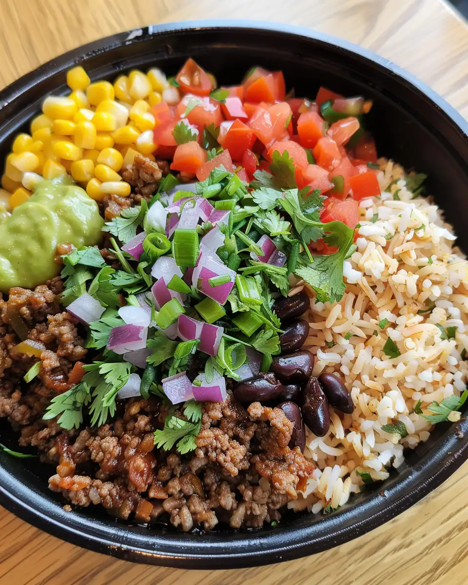 Ingredients for taco rice bowl including ground beef, beans, and fresh vegetables