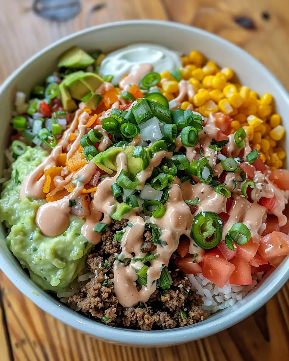 Freshly served taco rice bowl with seasoned beef and toppings