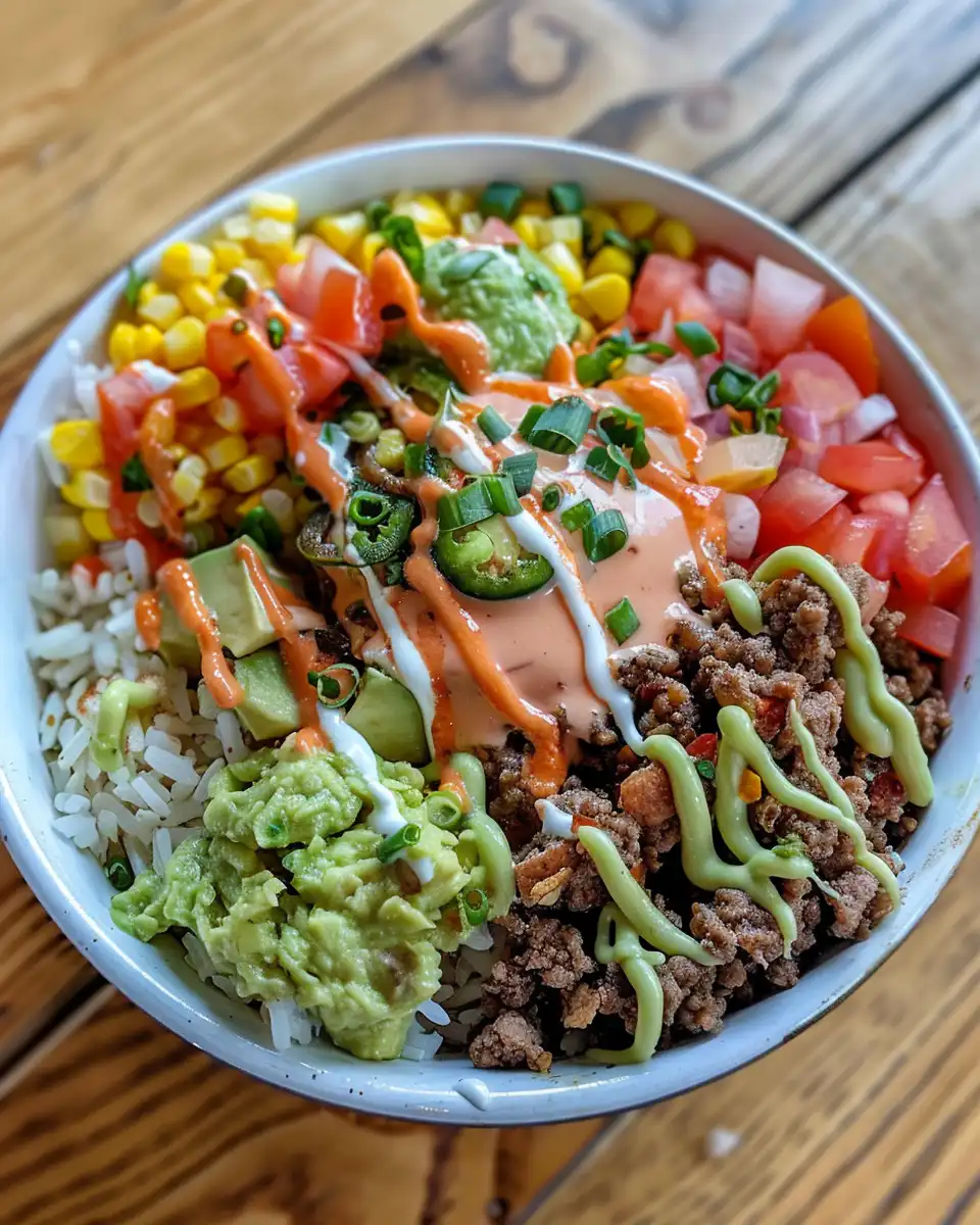Final taco rice bowl served with sour cream and fresh lime