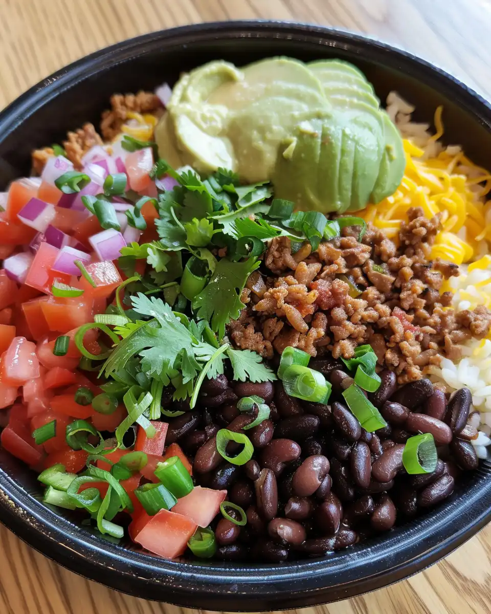 Freshly cooked taco rice bowl with seasoned beef, beans, corn, and vegetables