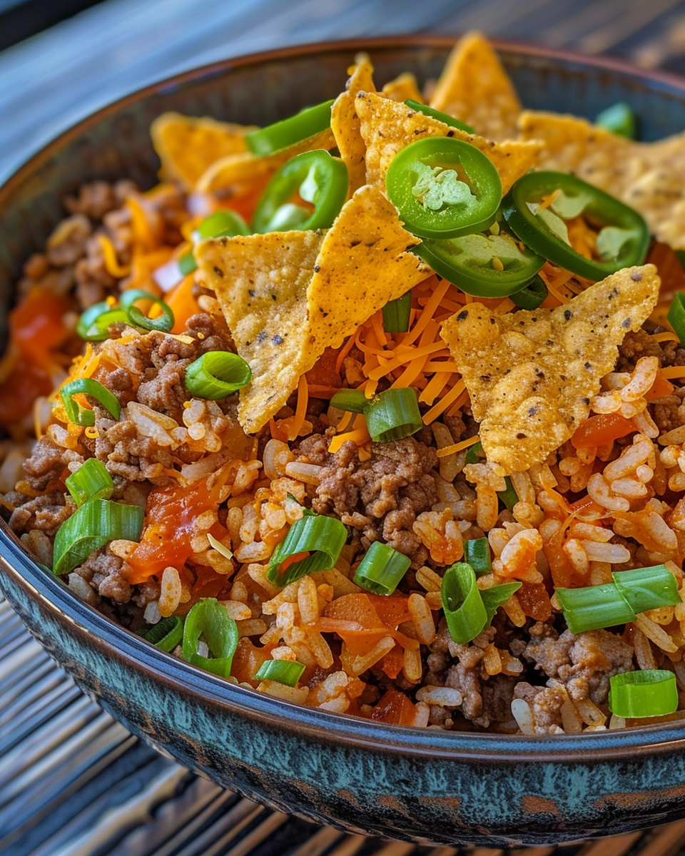 Ingredients for making taco rice bowl with chopped peppers and ground beef