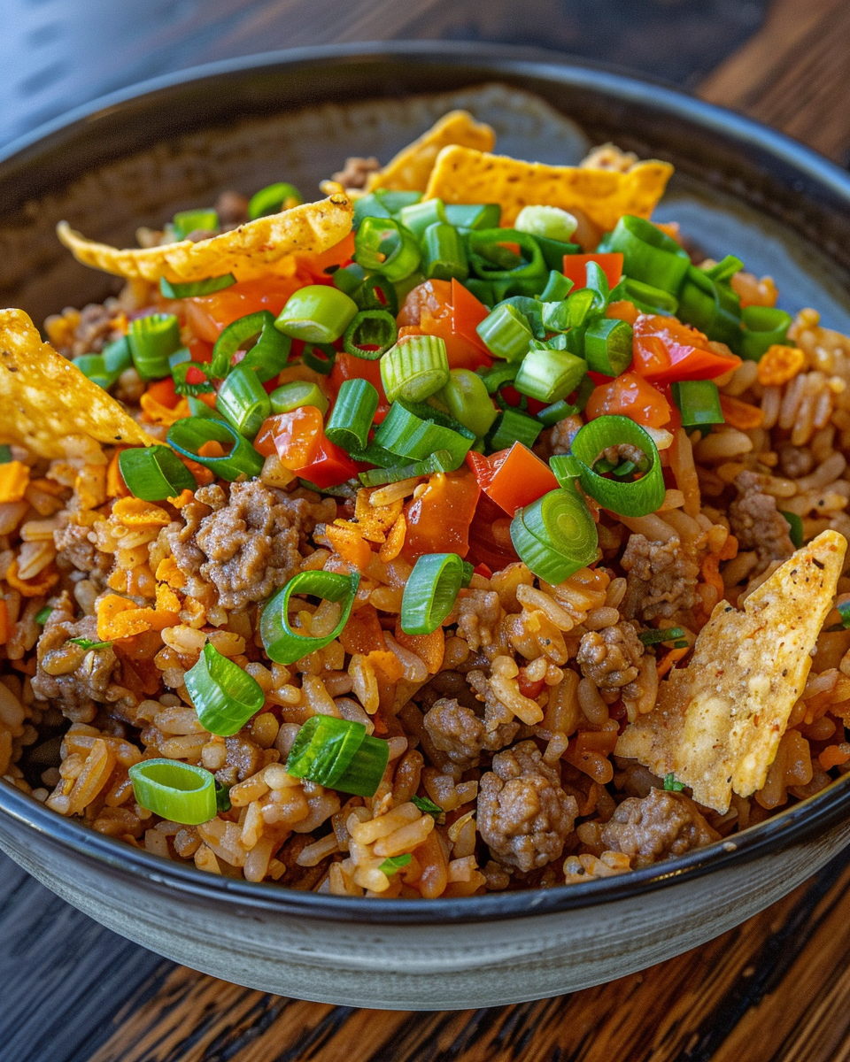 Finished taco rice bowl served with avocado and salsa toppings