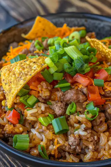 Taco Rice Bowl with Doritos taken with iphone 15 pro max --iw 2 --ar 4:5 --v 6.0 --raw