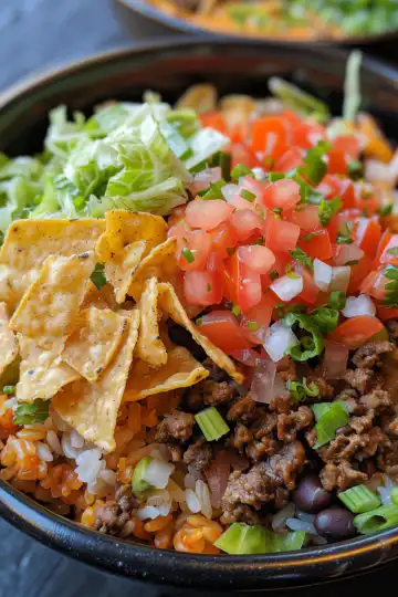 Taco Rice Bowl with Doritos taken with iphone 15 pro max --iw 2 --ar 4:5 --v 6.0 --raw