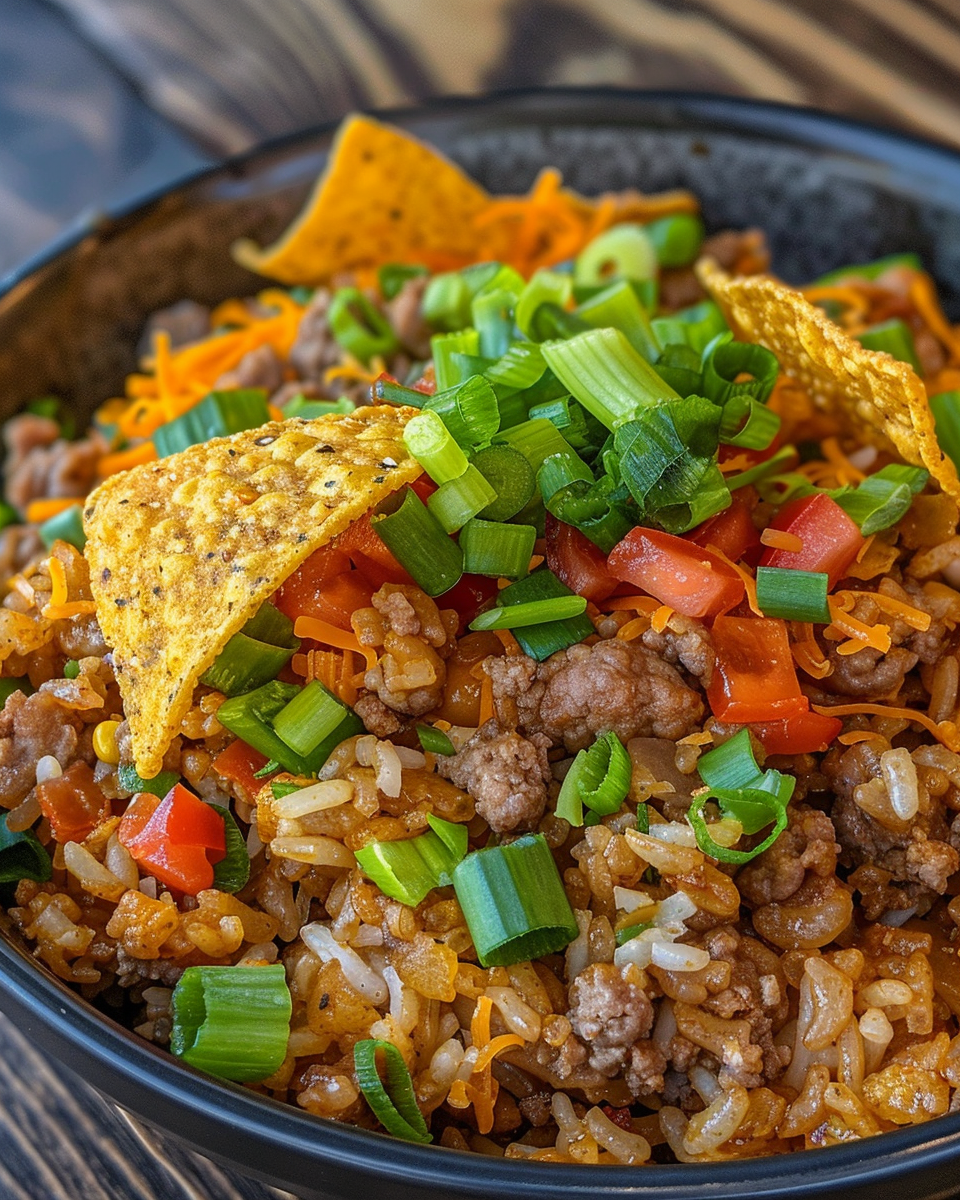 Close up of taco rice bowl with chipotle and cumin aroma