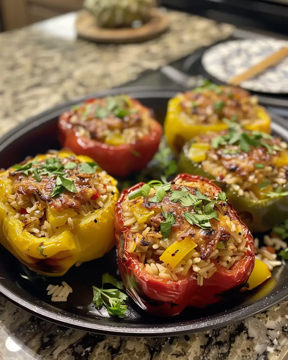 Final cooked teriyaki pineapple chicken and rice stuffed peppers served on a plate