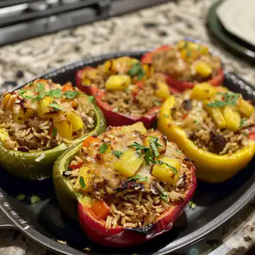 Teriyaki Pineapple Chicken and Rice Stuffed Peppers taken with iphone 15 pro max --iw 2 --ar 4:5 --v 6.0 --raw