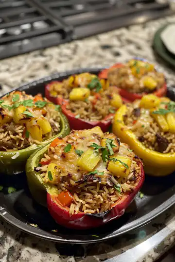 Teriyaki Pineapple Chicken and Rice Stuffed Peppers taken with iphone 15 pro max --iw 2 --ar 4:5 --v 6.0 --raw