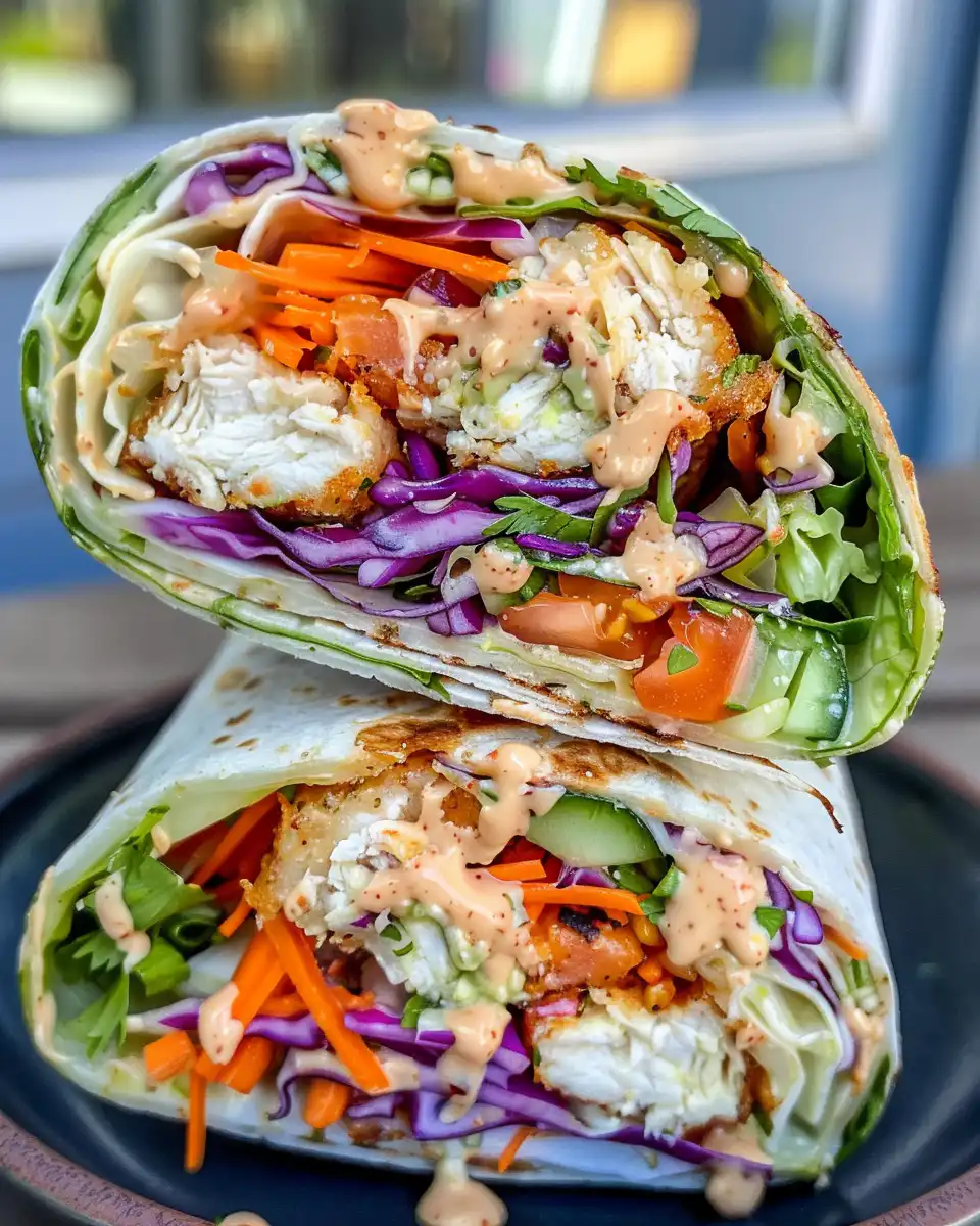 Finished Thai peanut chicken wraps served on a plate