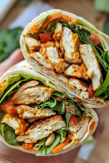 Thai Peanut Chicken Wraps taken with iphone 15 pro max --iw 2 --ar 4:5 --v 6.0 --raw