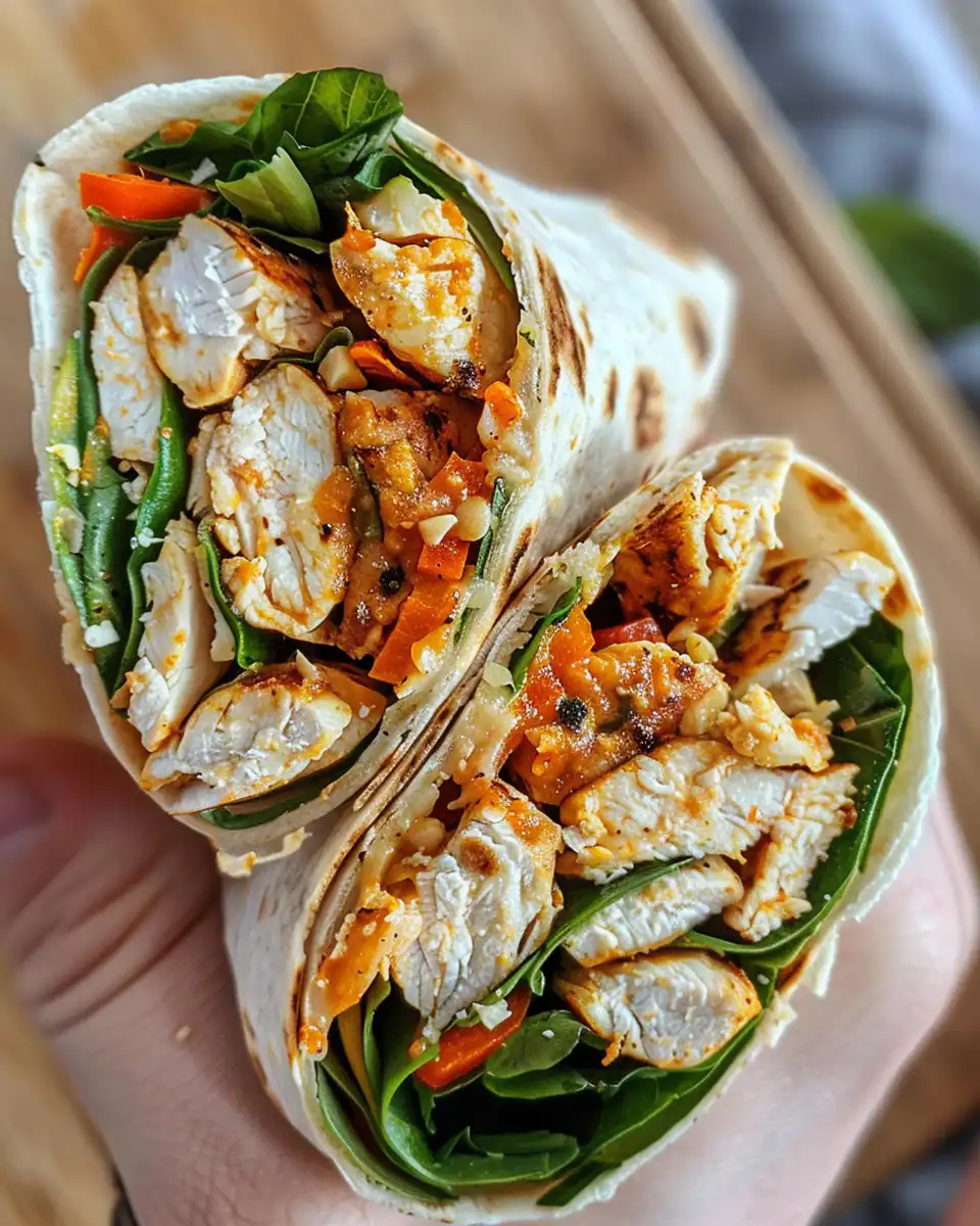 Close up of a Thai Chicken Wrap filled with peanut sauce and fresh veggies