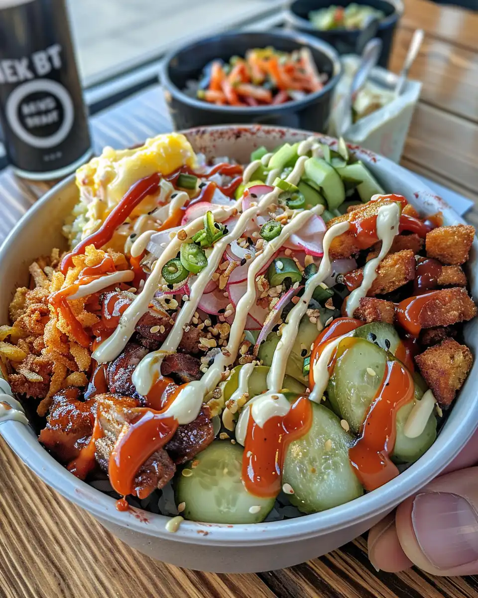 Close-up of smash burger bowl with juicy patties and roasted potatoes