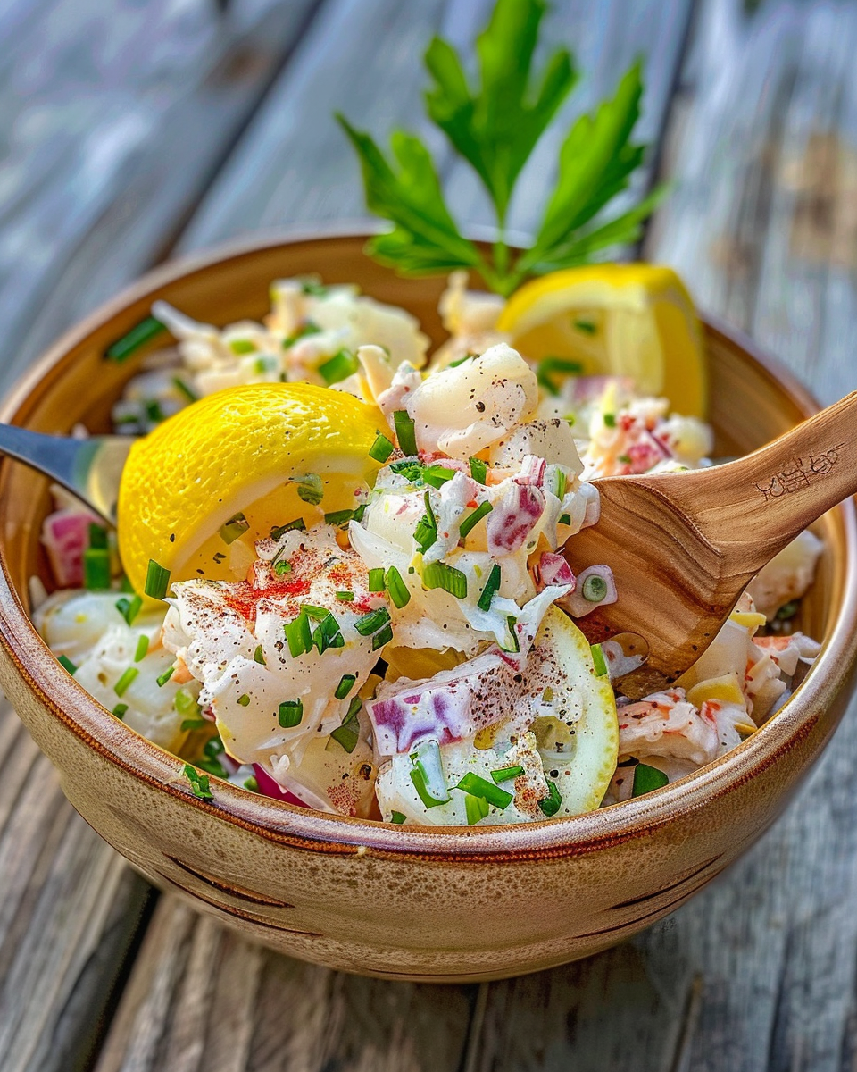 Fresh crab salad in bowl with lemon and chives