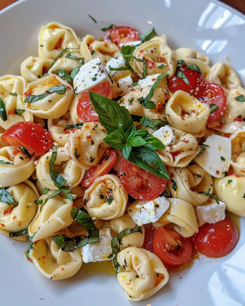 Ready to serve tortellini caprese pasta salad plated beautifully