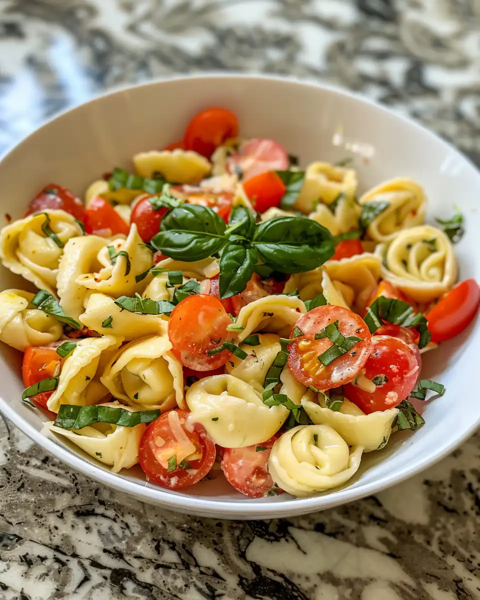 Fresh tortellini caprese salad in bowl with herbs and tomatoes