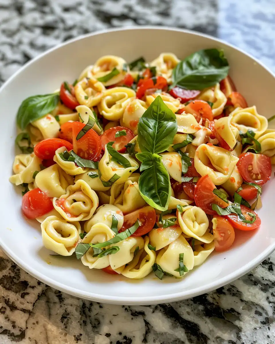 Close up of plated tortellini caprese salad ready to serve