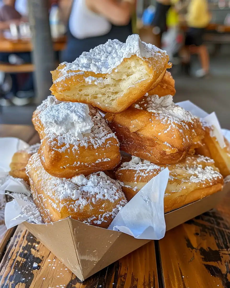 Golden beignets with powdered sugar dusted on top served fresh