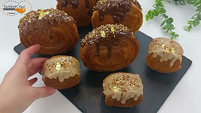 Close-up of viral pistachio croissant showing the texture and color detail