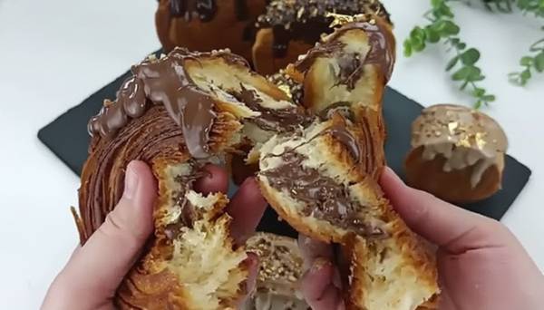Side view of viral pistachio croissant ready to serve