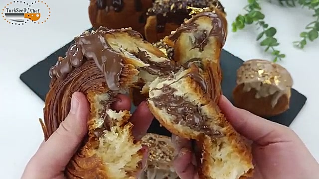 Side view of viral pistachio croissant ready to serve