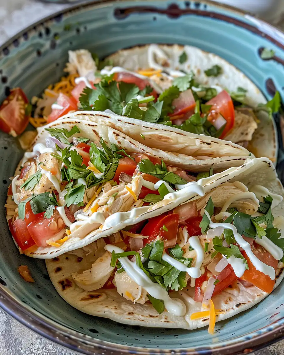 Assembled chicken chili tacos with cheese and green onions on plate